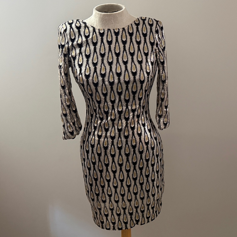 Akira Chicago Black and Gold Peacock Sequin Dress